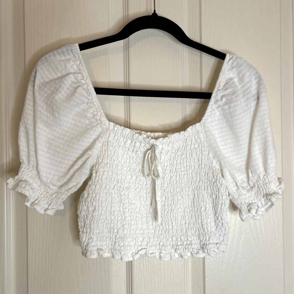 Altar'd State White Smocked Puff Sleeve Top Medium